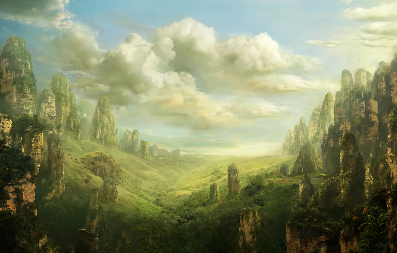 Photo wallpaper landscape, rocks, landscape, valley, fantasy, art, fantasy, art