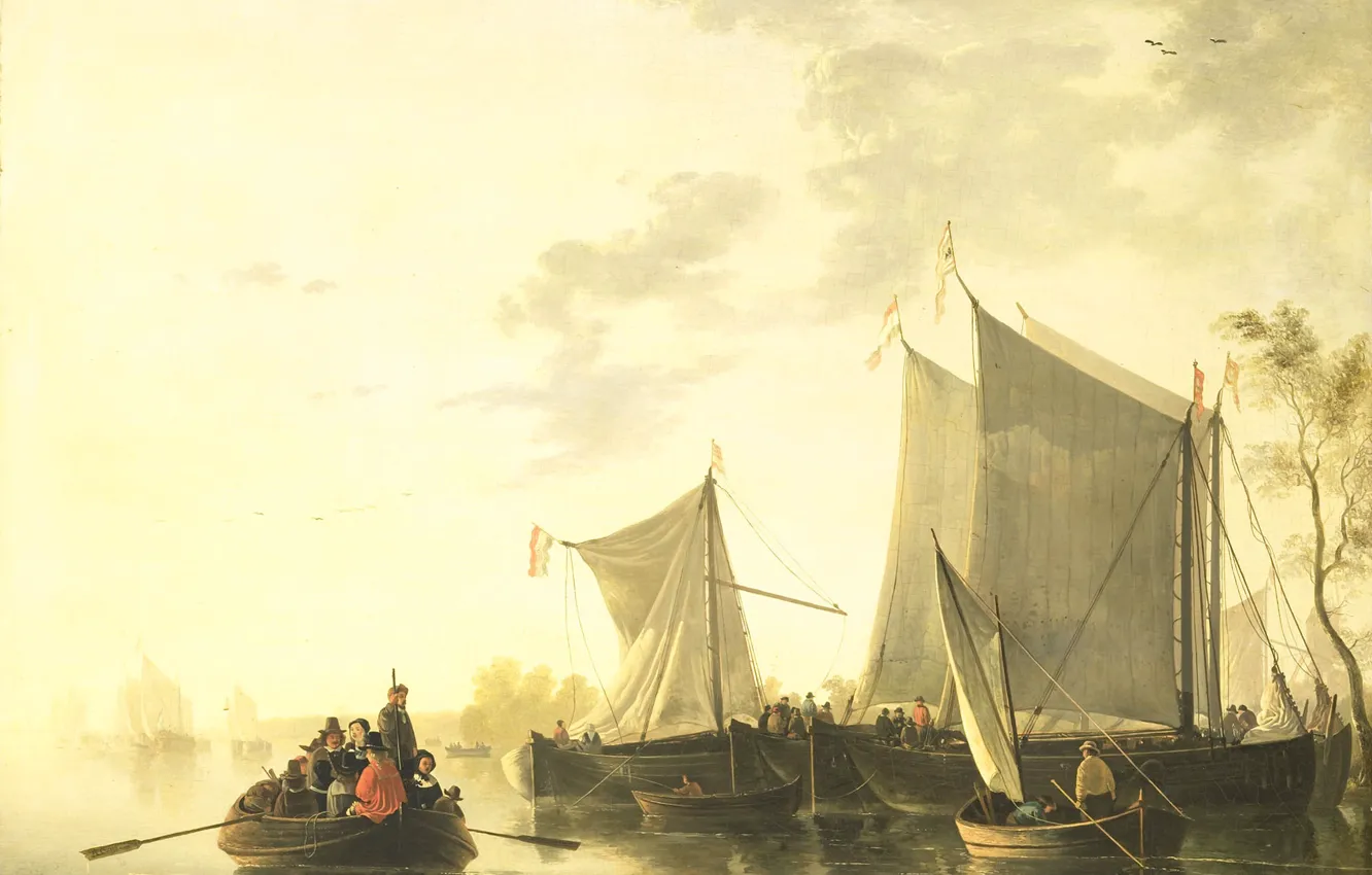 Photo wallpaper landscape, boat, picture, sail, Albertus Brondgeest, View Of The River