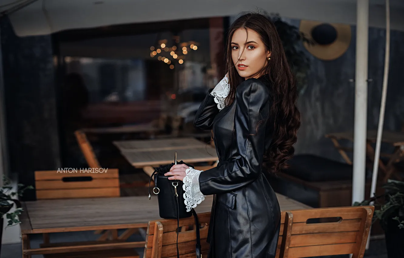 Photo wallpaper look, girl, dress, brunette, handbag, table, curls, Anton Kharisov