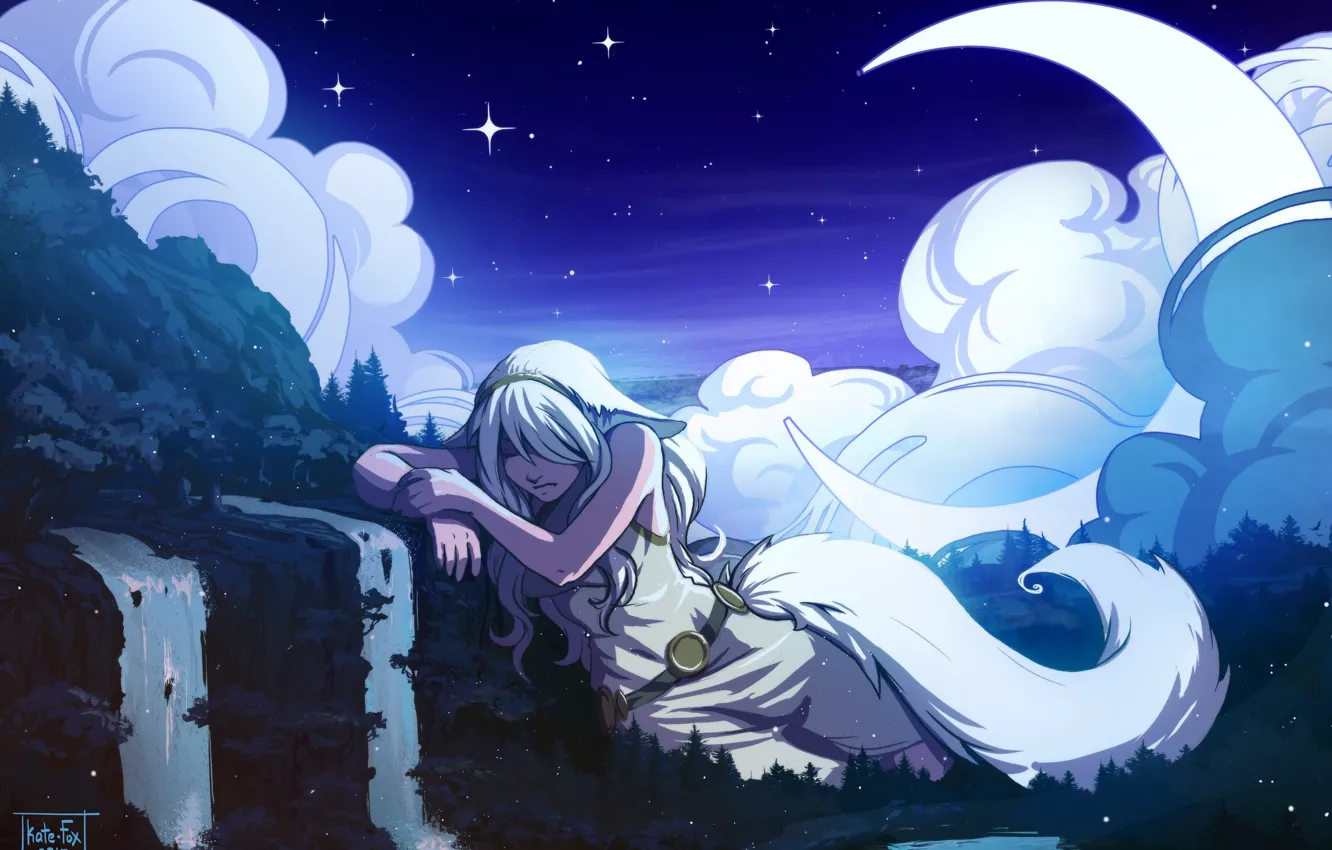 Photo wallpaper forest, the sky, stars, clouds, waterfall, Fox, sky, fox
