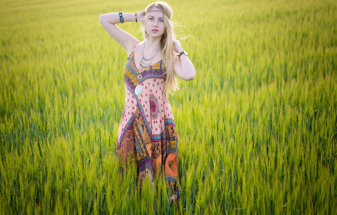 Photo wallpaper field, eyes, girl, hair, dress