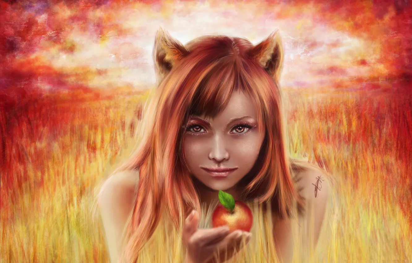 Photo wallpaper look, girl, face, fiction, hair, apples, art, red