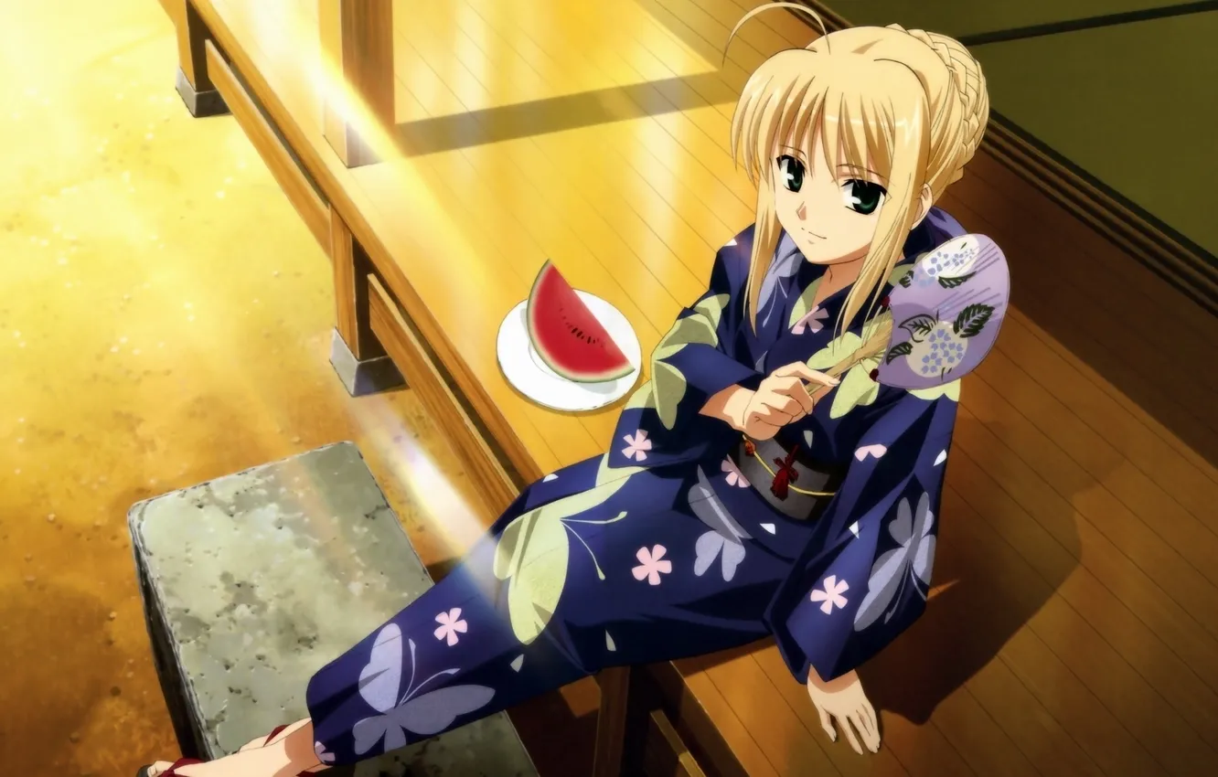 Photo wallpaper the sun, watermelon, fan, kimono, Fate Stay Night, saber