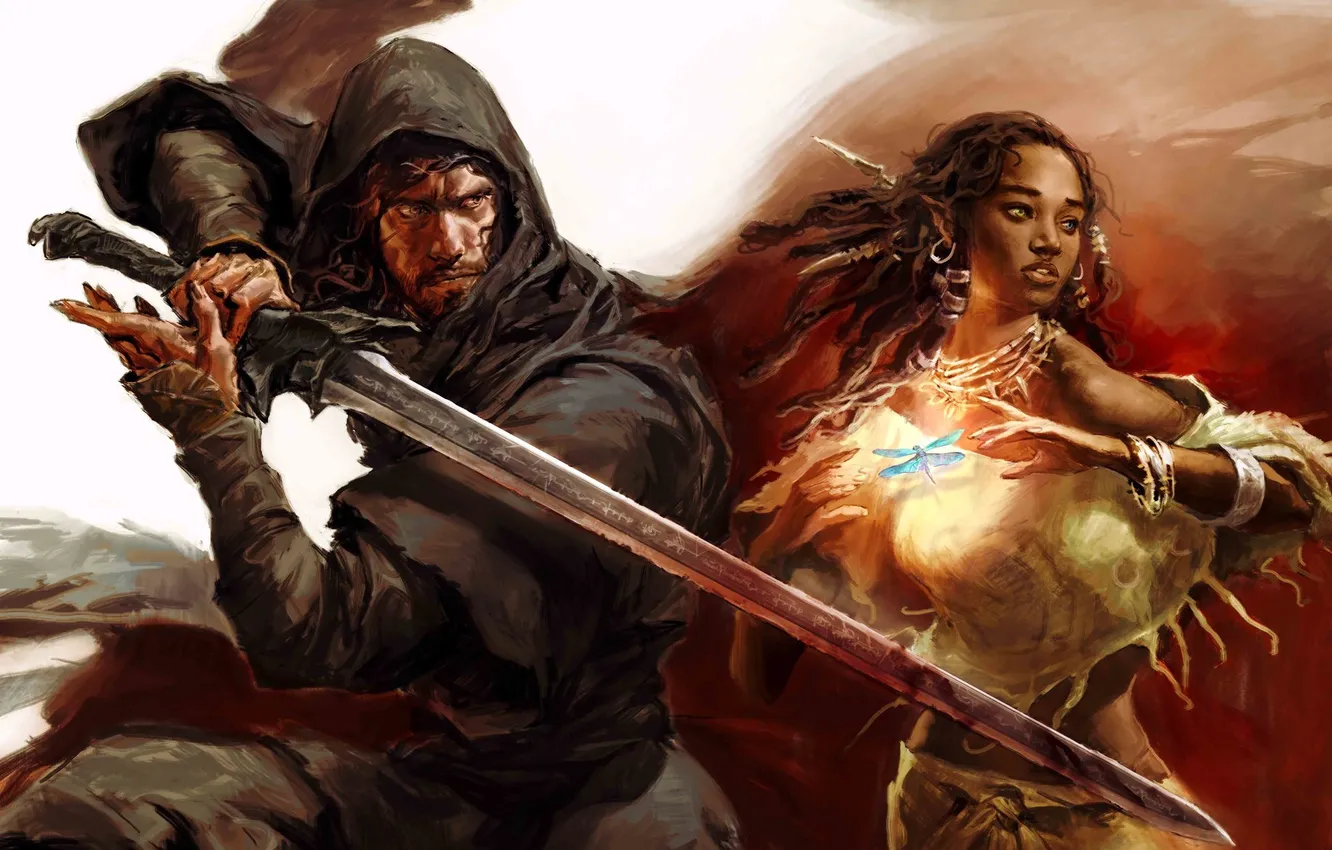 Photo wallpaper look, girl, magic, sword, art, male, fantasy