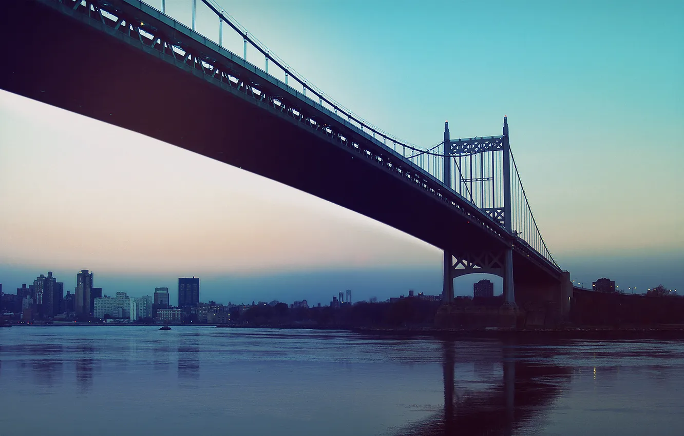 Photo wallpaper bridge, the city, lights, river, the evening