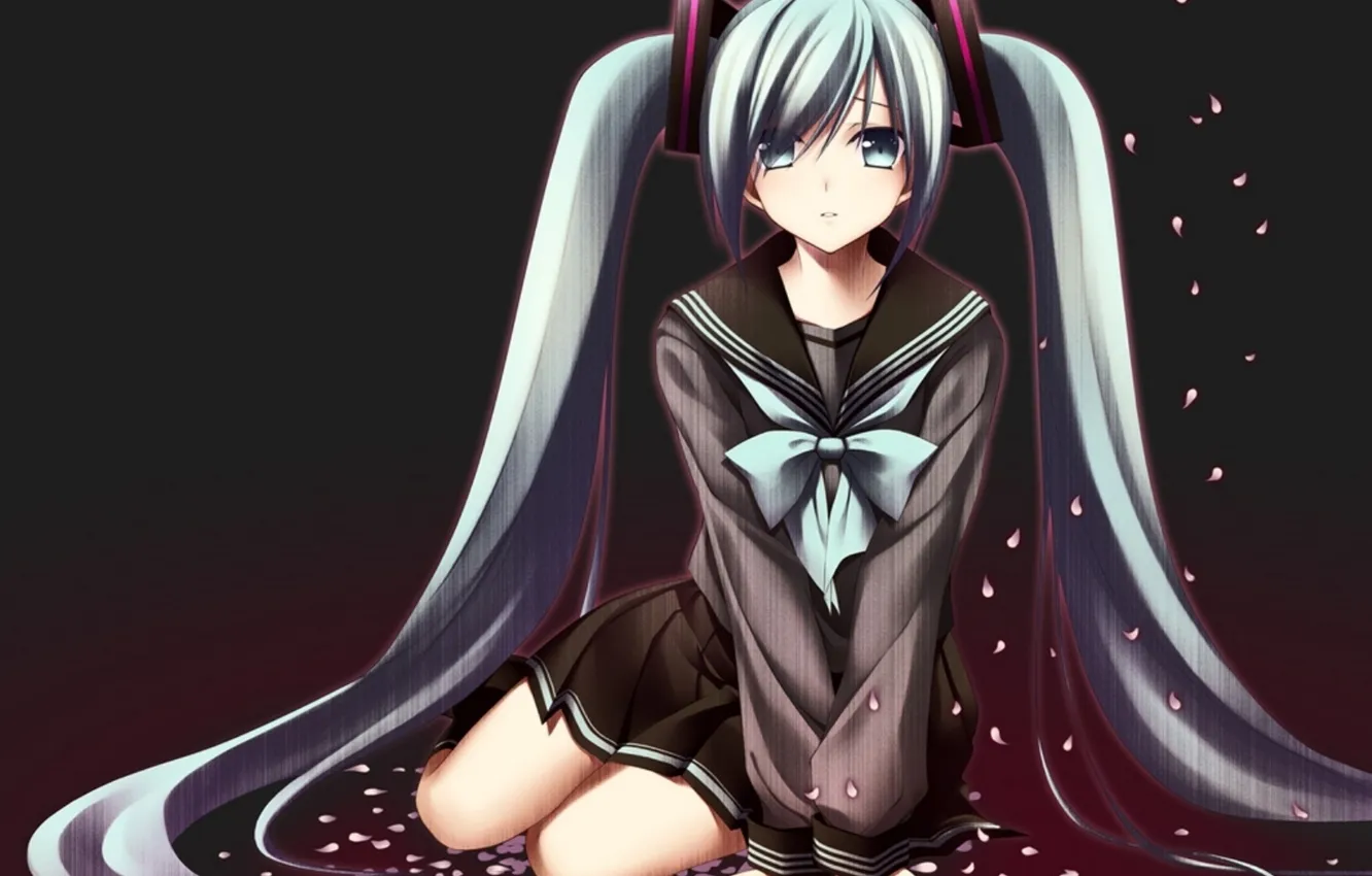 Photo wallpaper girl, petals, Sakura, art, form, schoolgirl, vocaloid, hatsune miku
