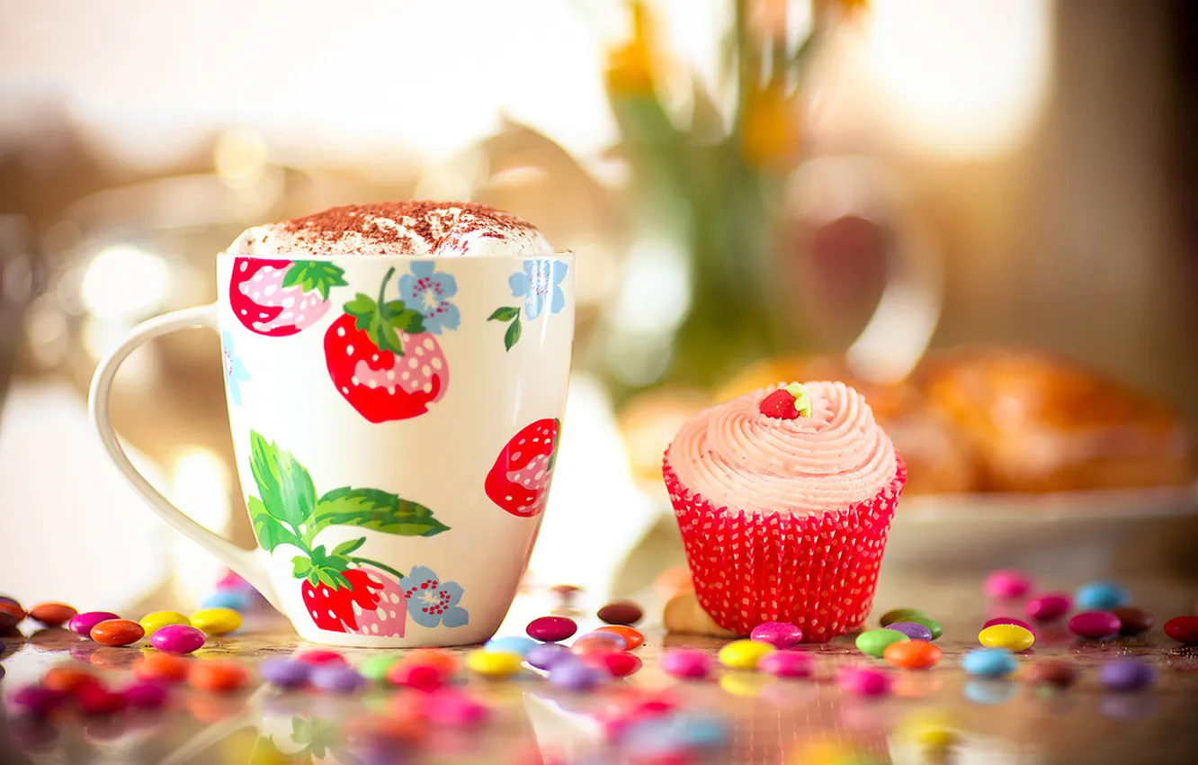 Photo wallpaper table, candy, mug, drink, cake, cream, foam, pills