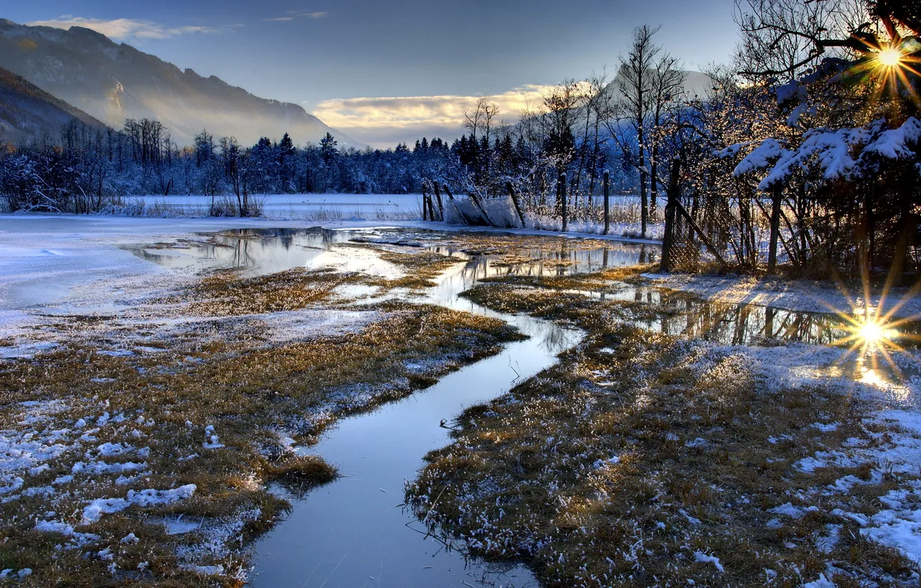 Photo wallpaper field, landscape, mountains, nature, the fence