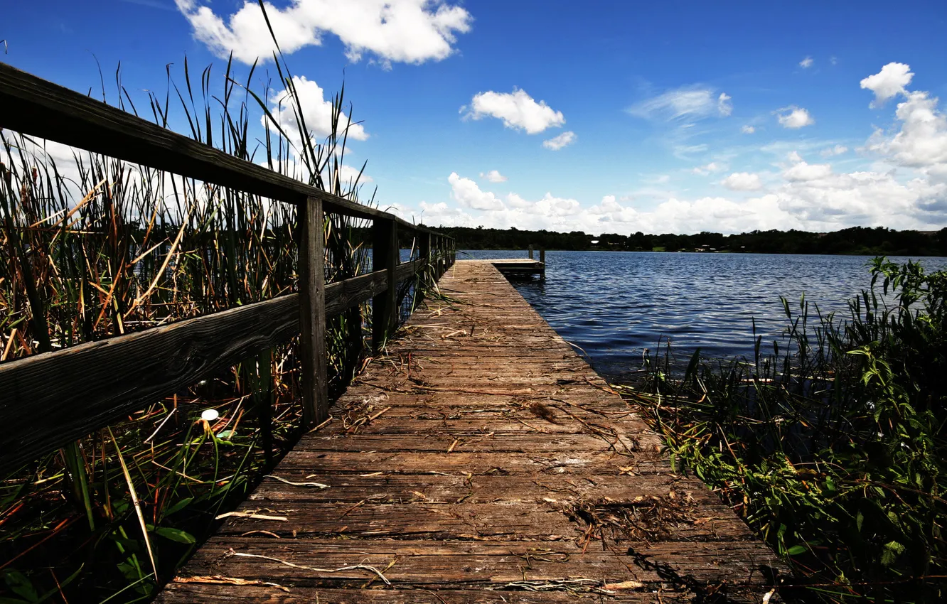 Photo wallpaper summer, the sky, grass, water, clouds, nature, lake, Board