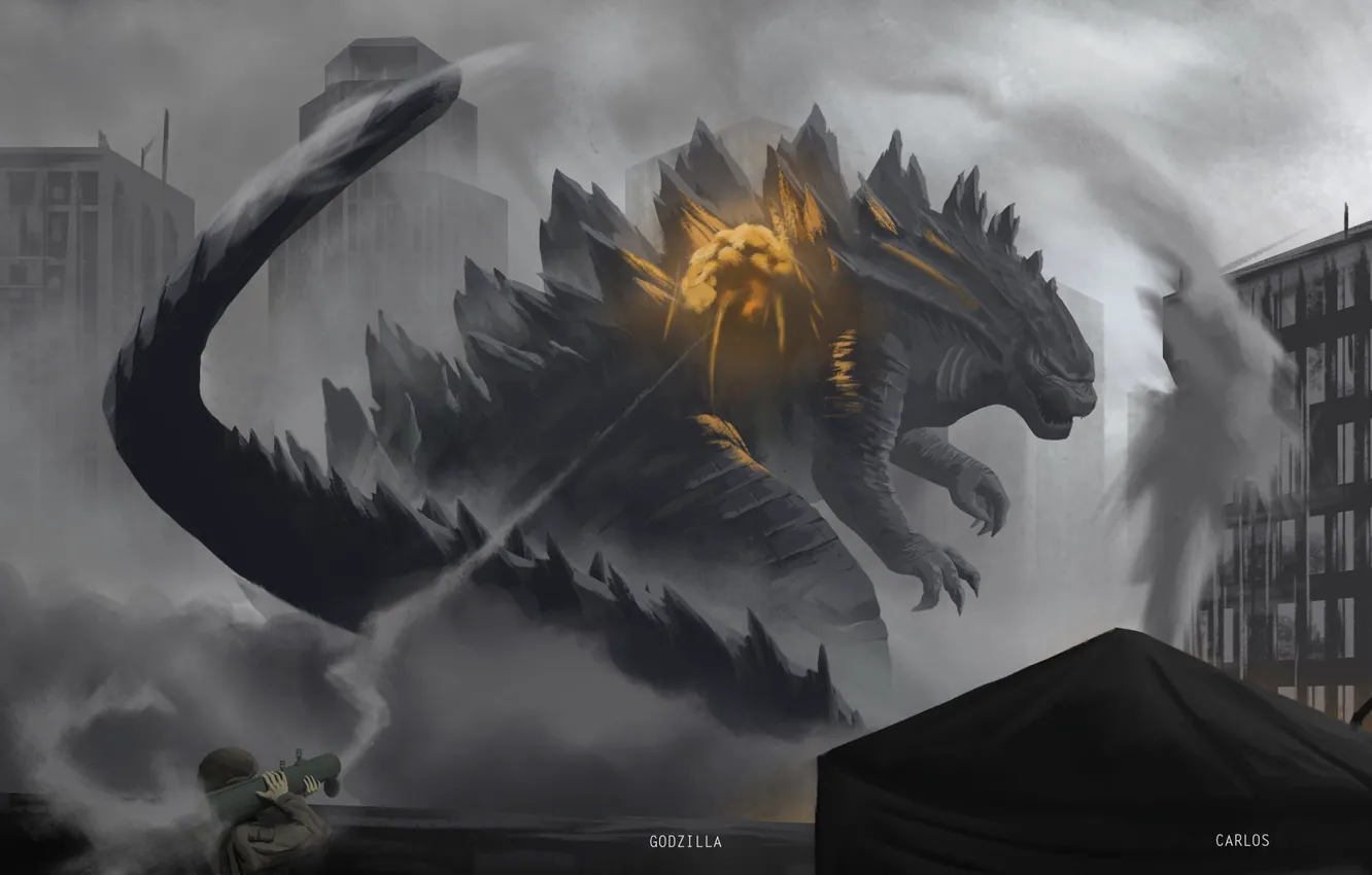 Photo wallpaper the city, lights, figure, shot, soldiers, Godzilla, art, Godzilla