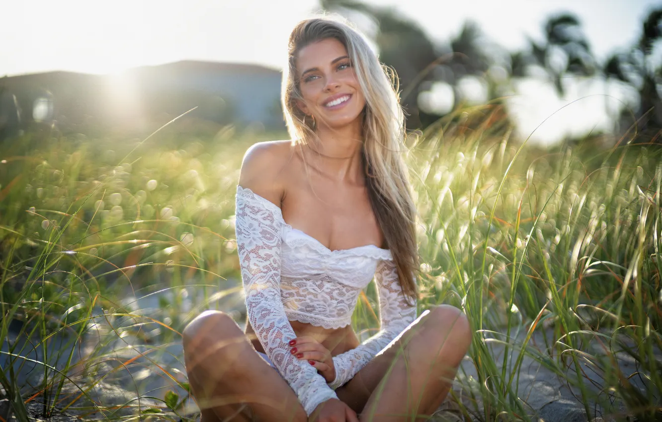 Photo wallpaper grass, girl, pose, smile, blonde, neckline, long hair, Janelle