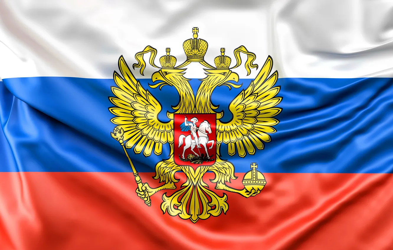 Photo wallpaper white, blue, red, flag, Russia, coat of arms, banner, Russian Federation