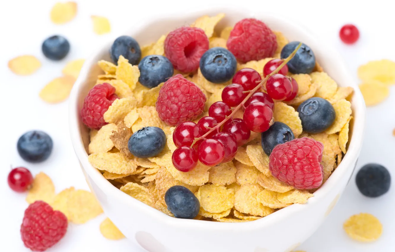 Photo wallpaper raspberry, Breakfast, currants, cereal, blueberries