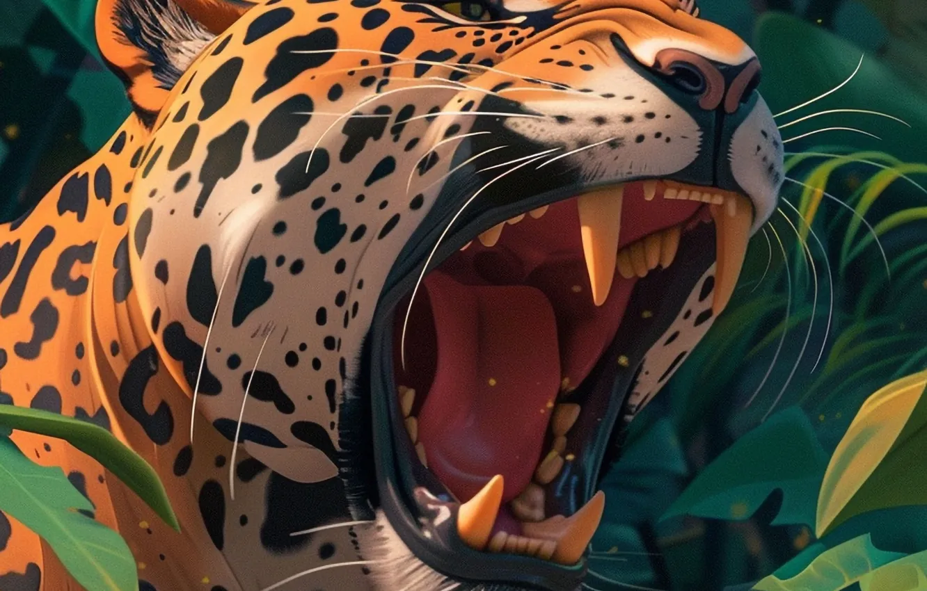 Photo wallpaper language, face, leaves, predator, art, mouth, fangs, grin