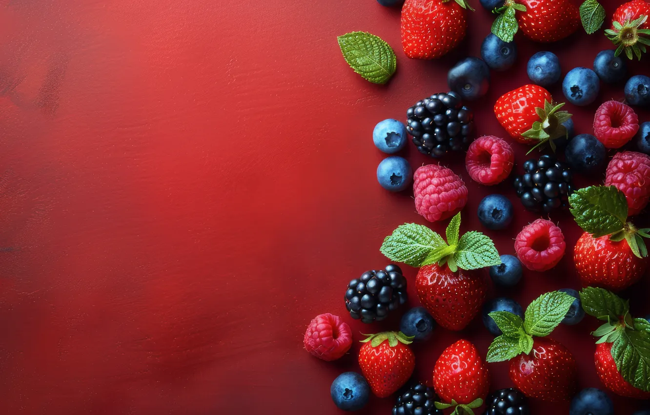 Photo wallpaper berries, raspberry, blueberries, strawberry, leaves, placer, mint, different