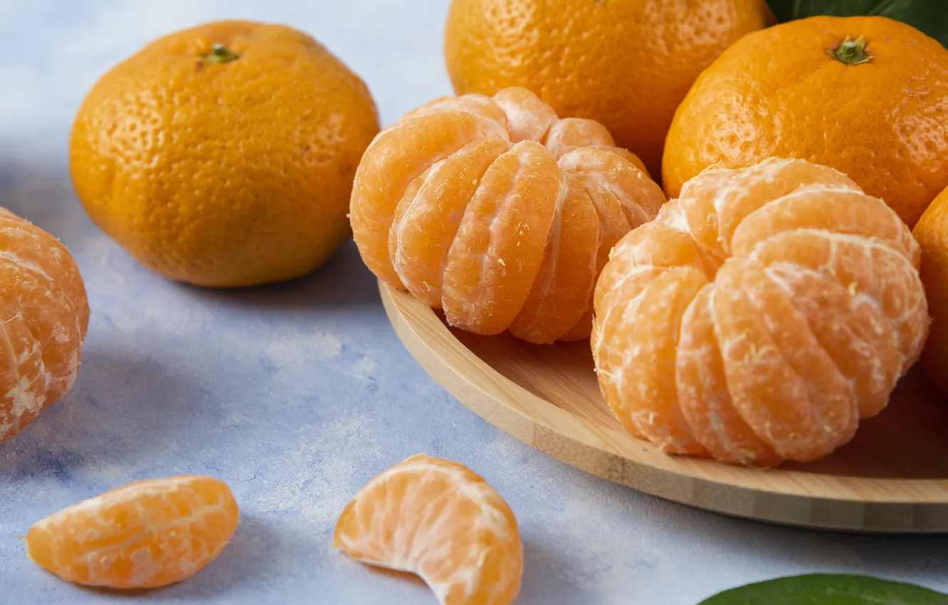 Photo wallpaper citrus, blue background, slices, tray, composition, tangerines, cutting Board, purified