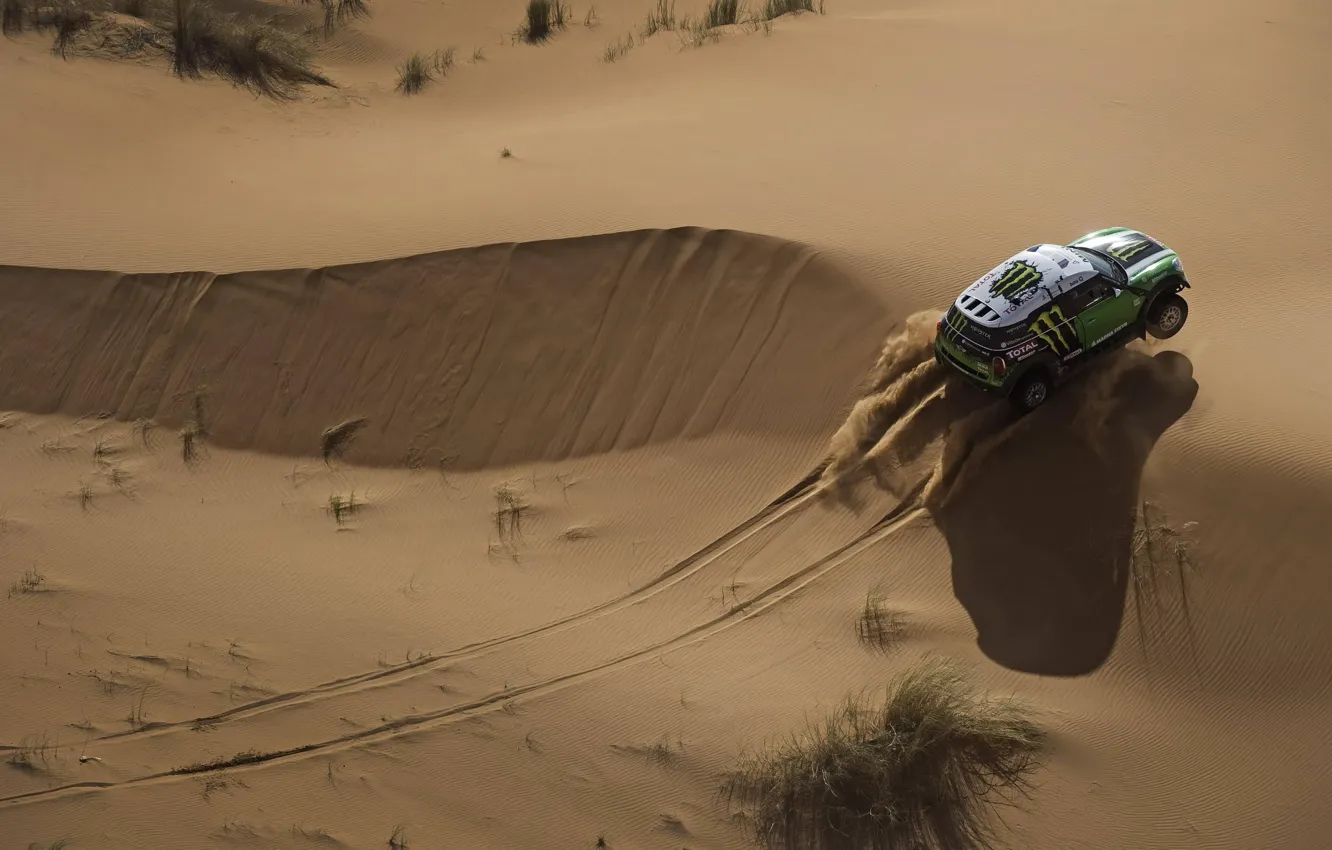 Photo wallpaper Sand, Auto, Sport, Desert, Green, Machine, Race, Mini Cooper