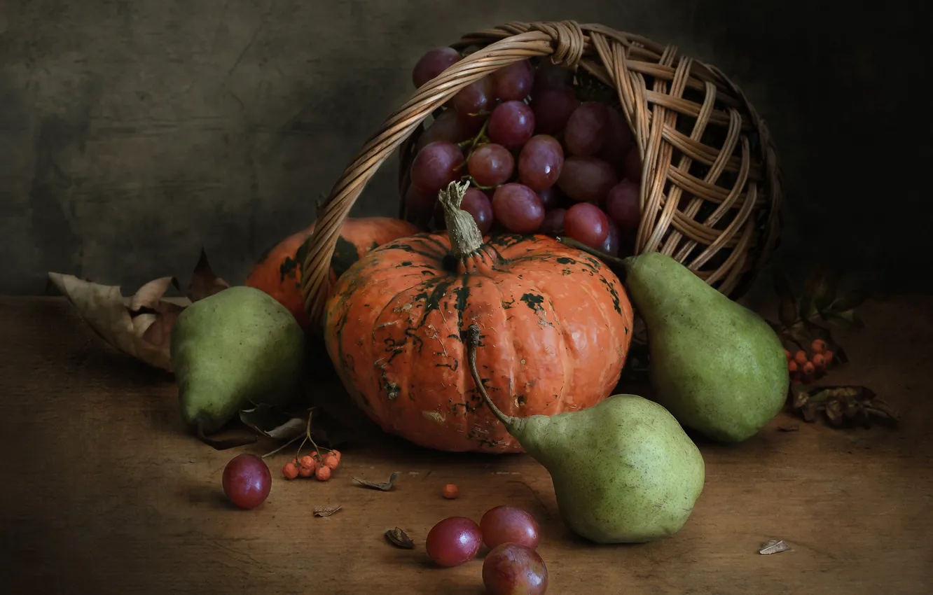 Photo wallpaper grapes, pumpkin, still life, pear