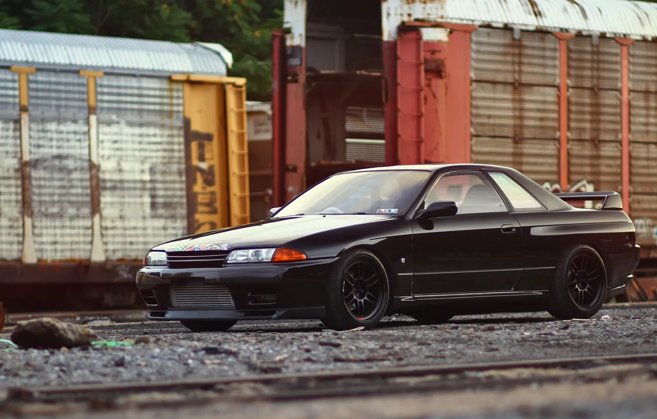 Photo wallpaper black, GT-R, black, R32, Nissan, tuning, Nissan Skyline, skyline