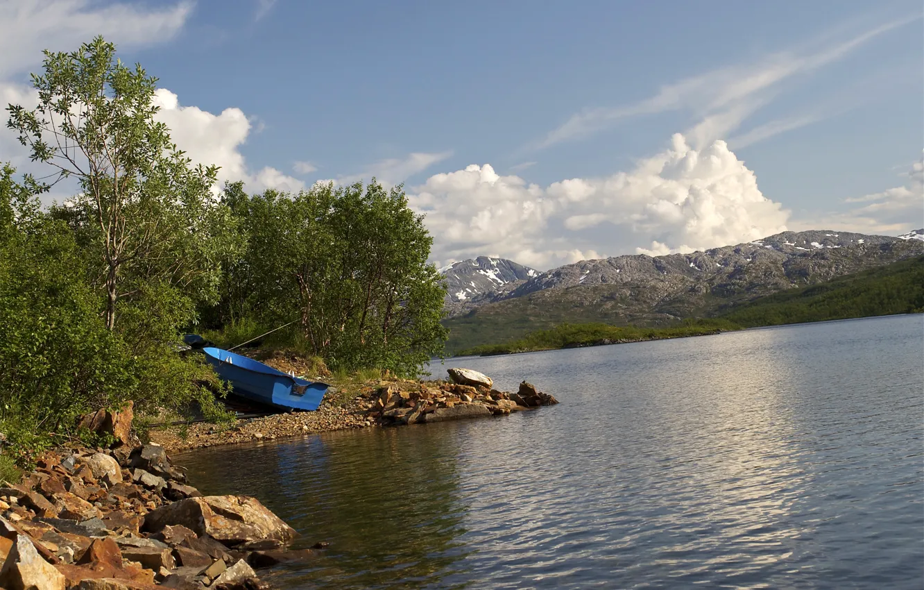 Photo wallpaper mountains, nature, lake, photo, coast, boats, Norway, Hansnes