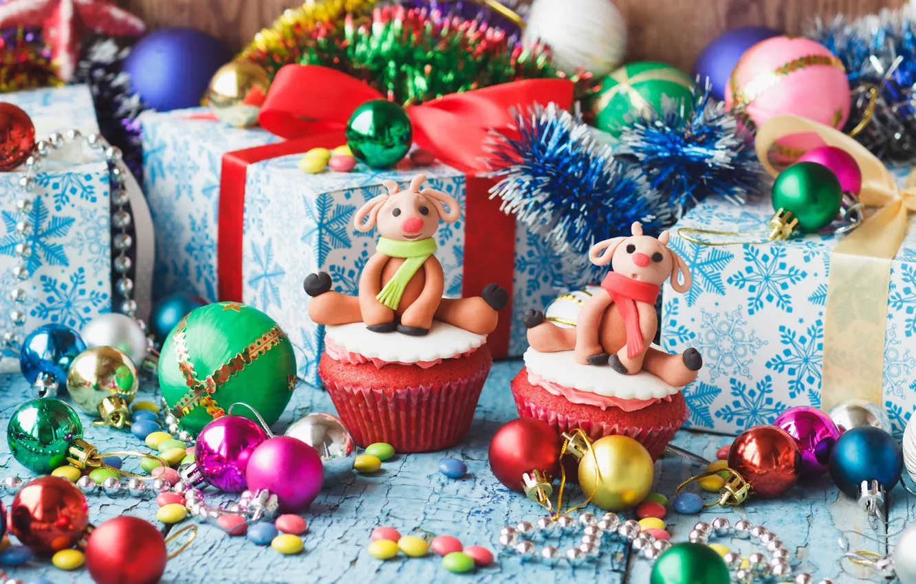 Photo wallpaper Christmas, gifts, New year, Christmas, cupcakes, Photos, treats, vectors