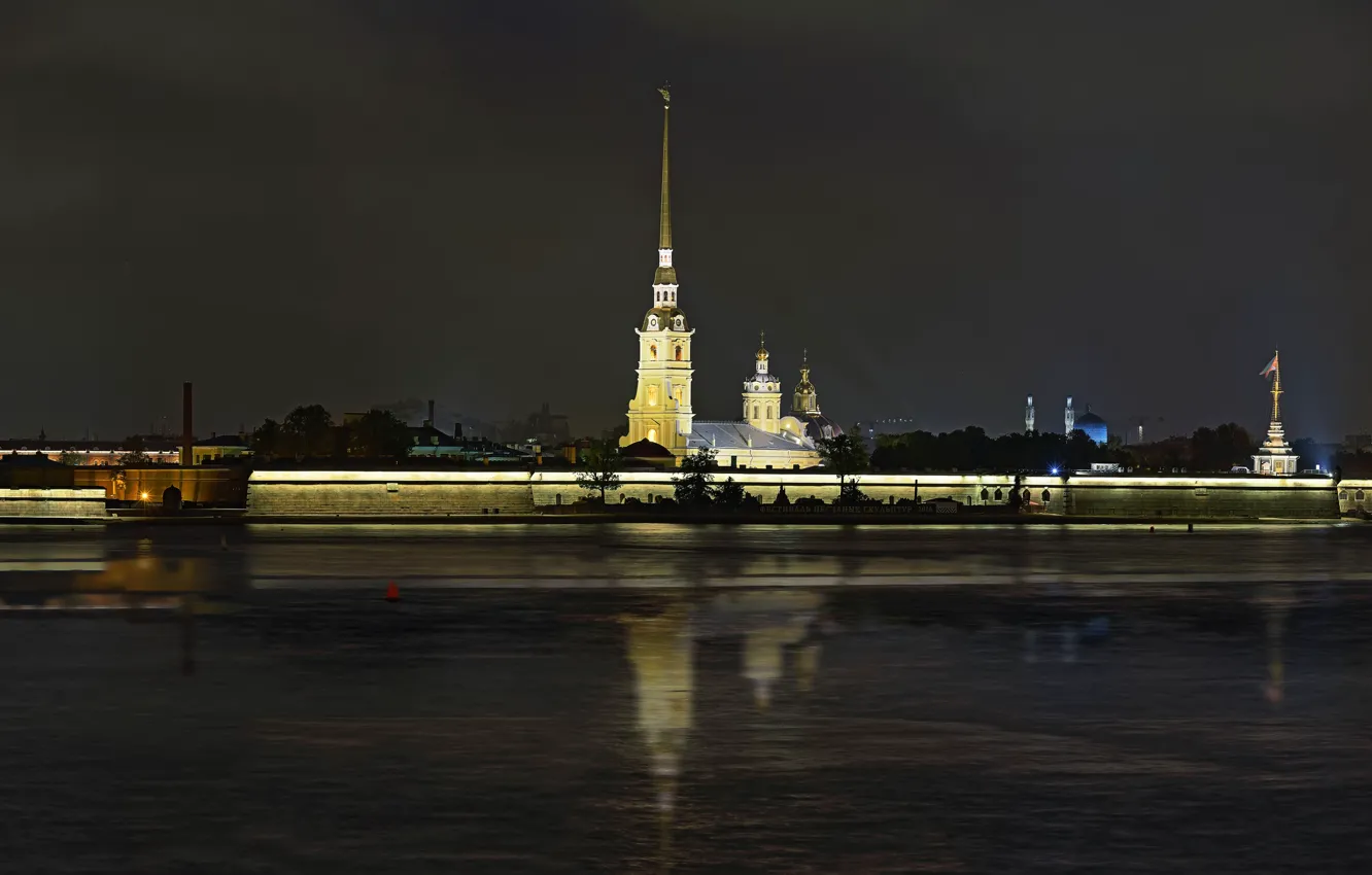 Photo wallpaper night, fortress, Neva, Saint Petersburg, Petropavlivka, Peter and Paul