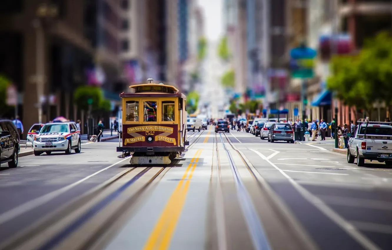 Photo wallpaper street, tram, USA, tilt shift, San Francisco