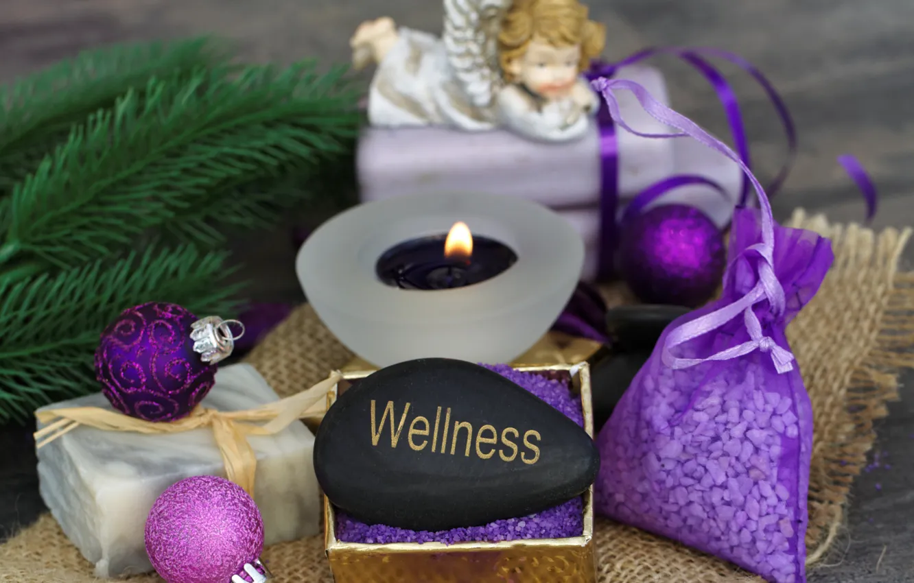 Photo wallpaper decoration, balls, new year, candles, Christmas, Christmas, balls, angel