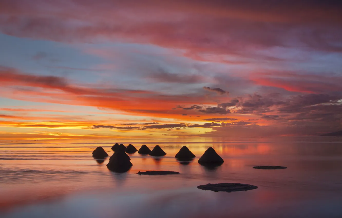 Photo wallpaper clouds, light, sunset, stones, shore, the evening, pond, sunset sky