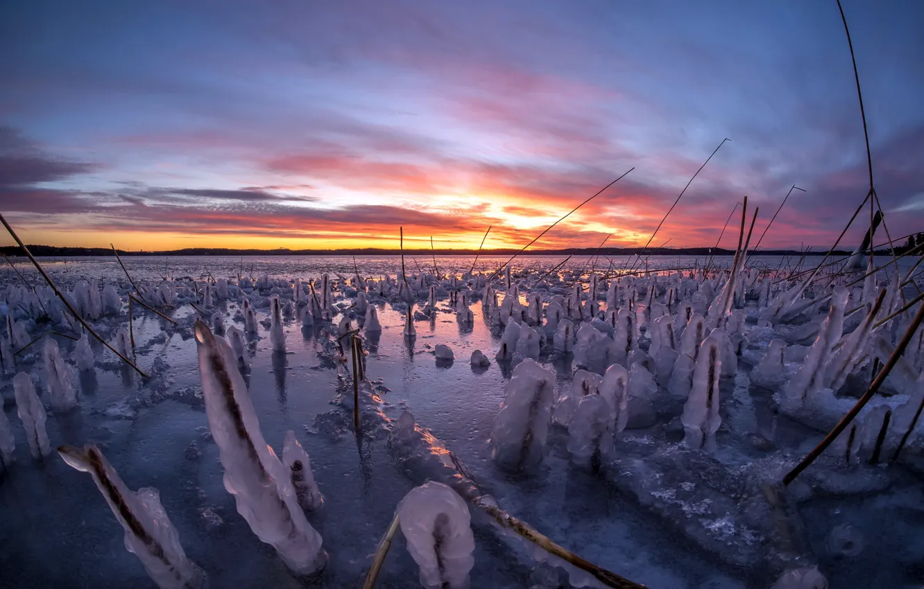 Photo wallpaper ice, winter, sunset, river