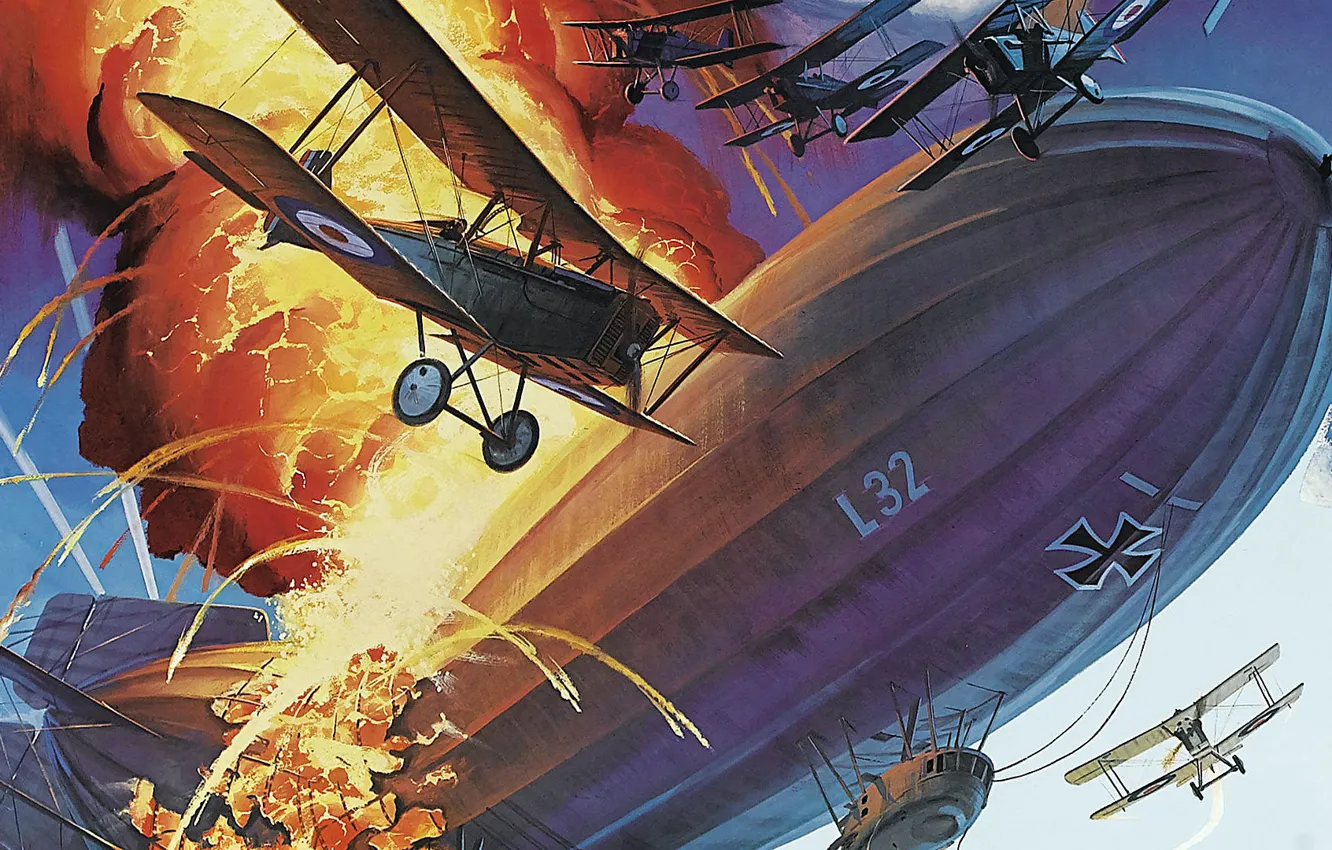 Photo wallpaper the sky, lights, flame, battle, art, the airship, air, the plane