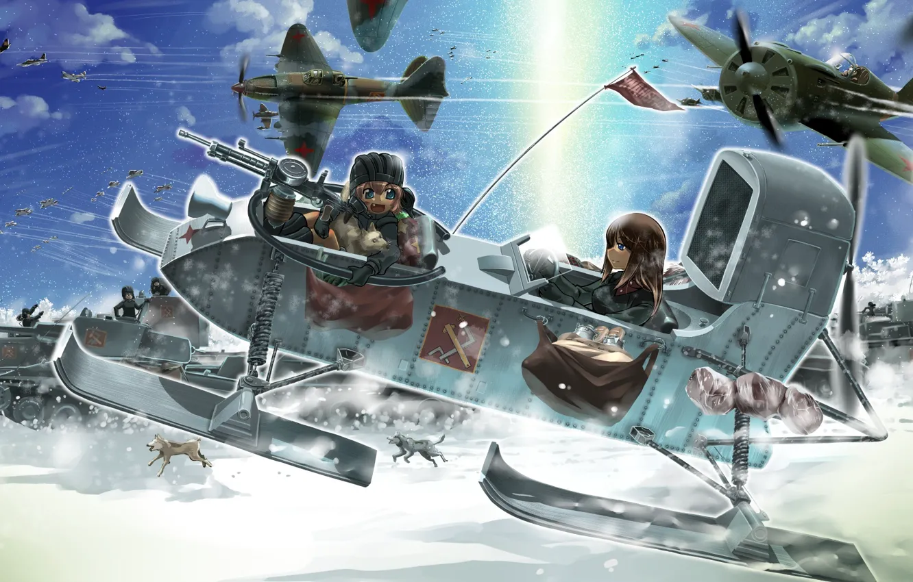 Photo wallpaper dogs, snow, girls, art, aircraft, tanks, girls and panzer, the military campaign