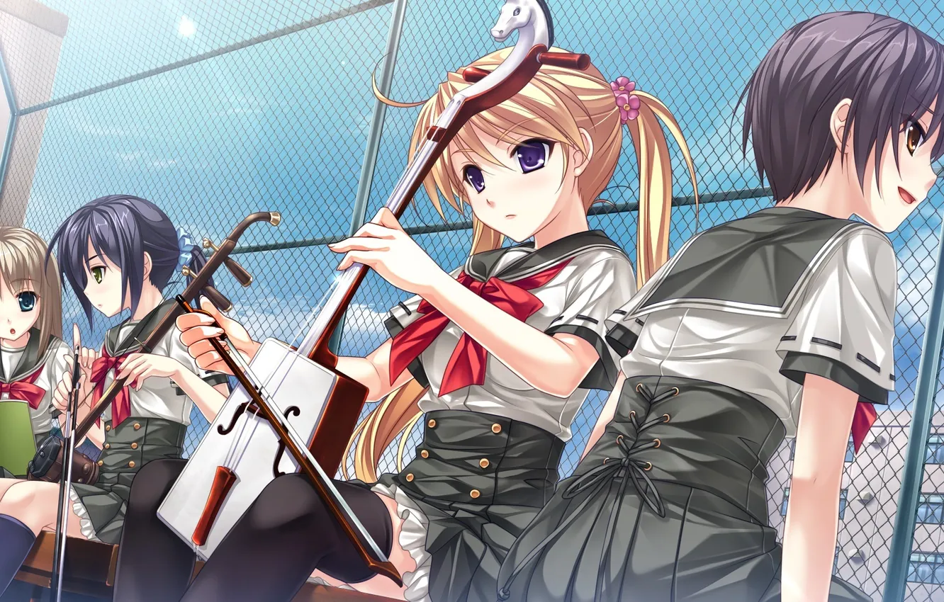 Photo wallpaper roof, girls, mesh, stay, grille, musical instruments, game cg, tsukumo no chickens
