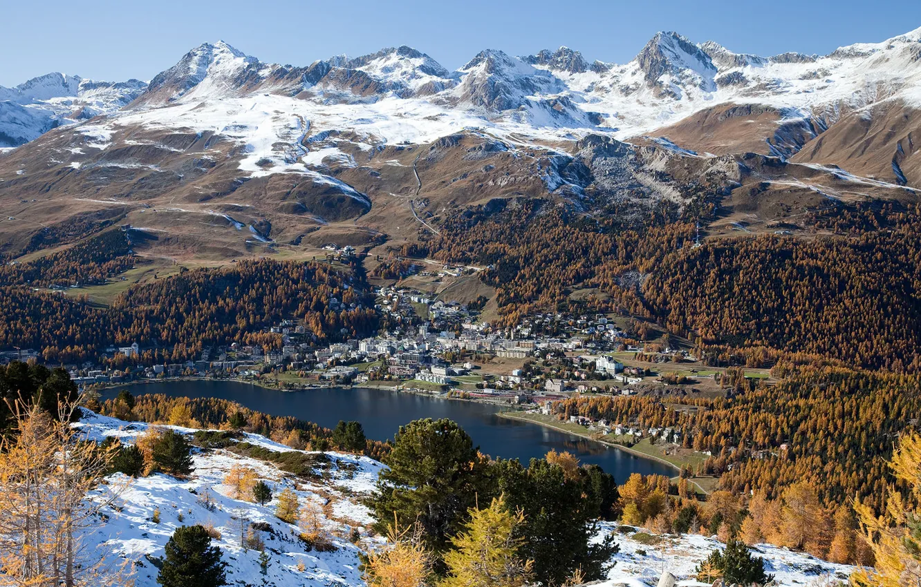 Photo wallpaper autumn, forest, the sky, clouds, snow, mountains, Switzerland, St. Moritz