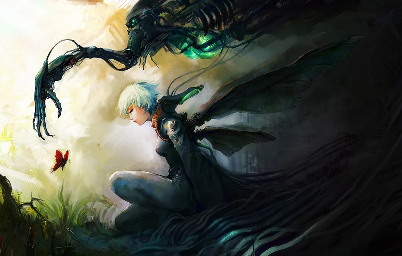 Photo wallpaper girl, butterfly, figure, mechanism, art