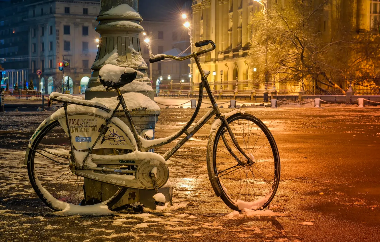 Photo wallpaper snow, bike, street, Bucharest