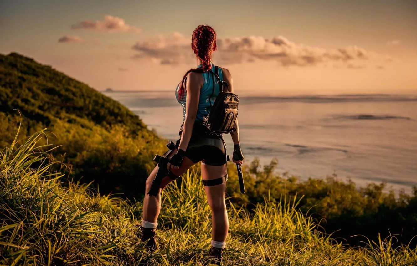 Photo wallpaper girl, nature, pose, weapons, body, Lara Croft, Bianca Beauchamp, cosplay