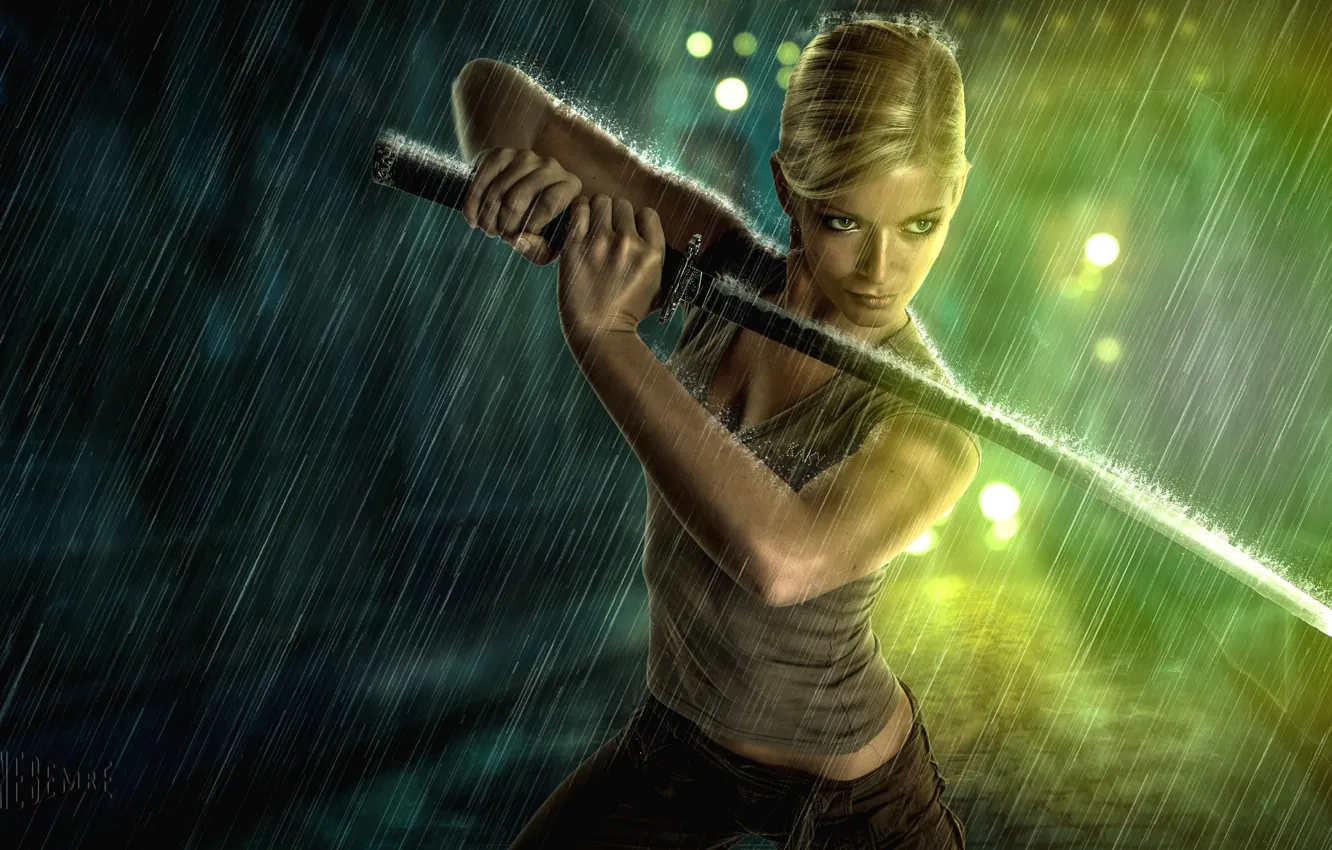 Photo wallpaper girl, rain, sword