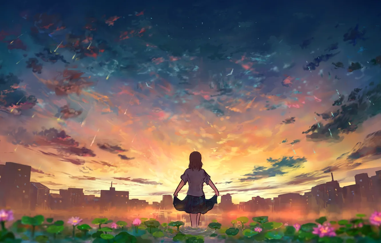 Photo wallpaper girl, sunset, flowers, the city, pond, Starfall