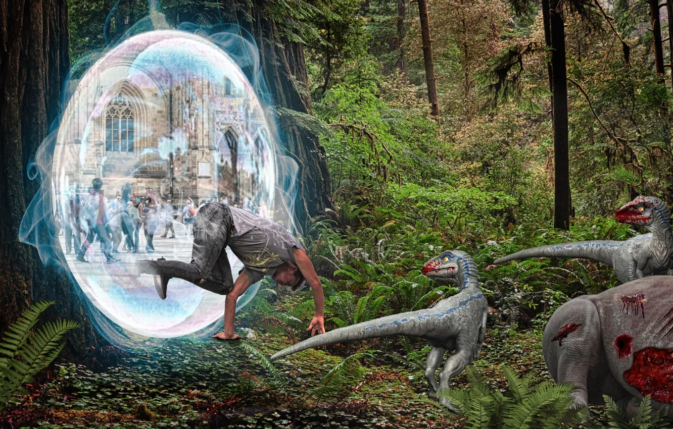 Photo wallpaper forest, dinosaur, male, forest, lock, dinosaurs, Photomontage, Time Portal