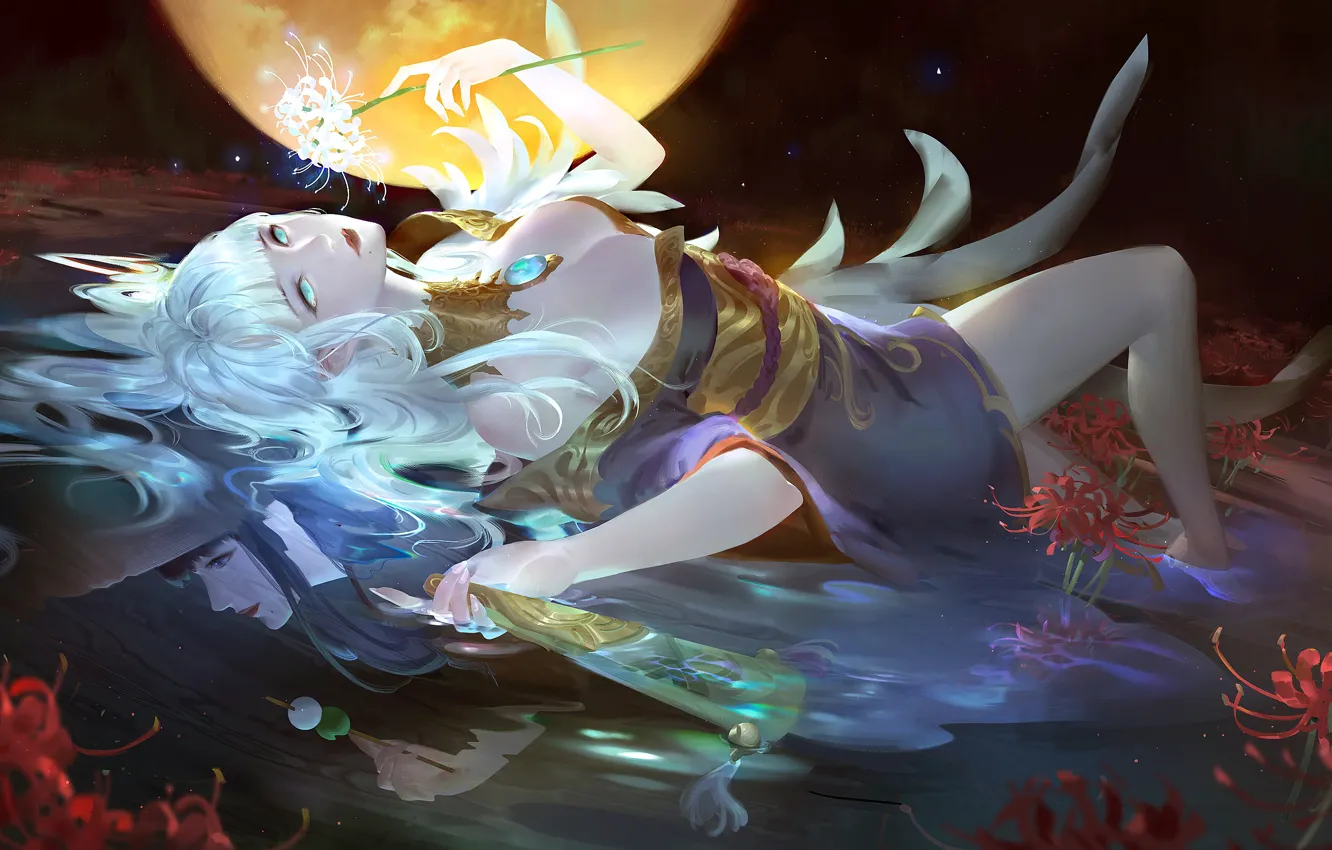 Photo wallpaper girl, flowers, fan, final fantasy xiv, Art