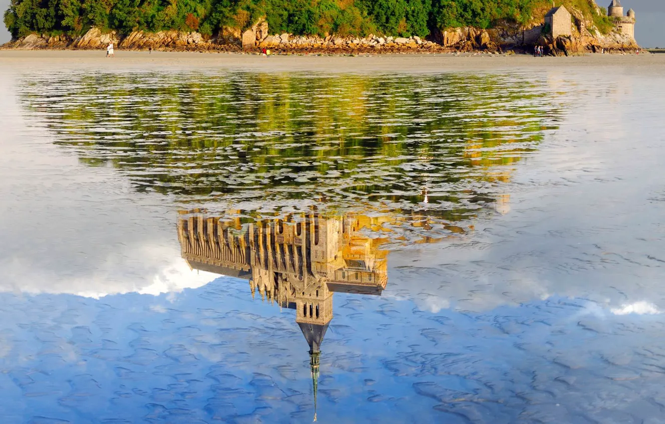 Photo wallpaper reflection, castle, France, the monastery, Normandy, Mont-Saint-Michel