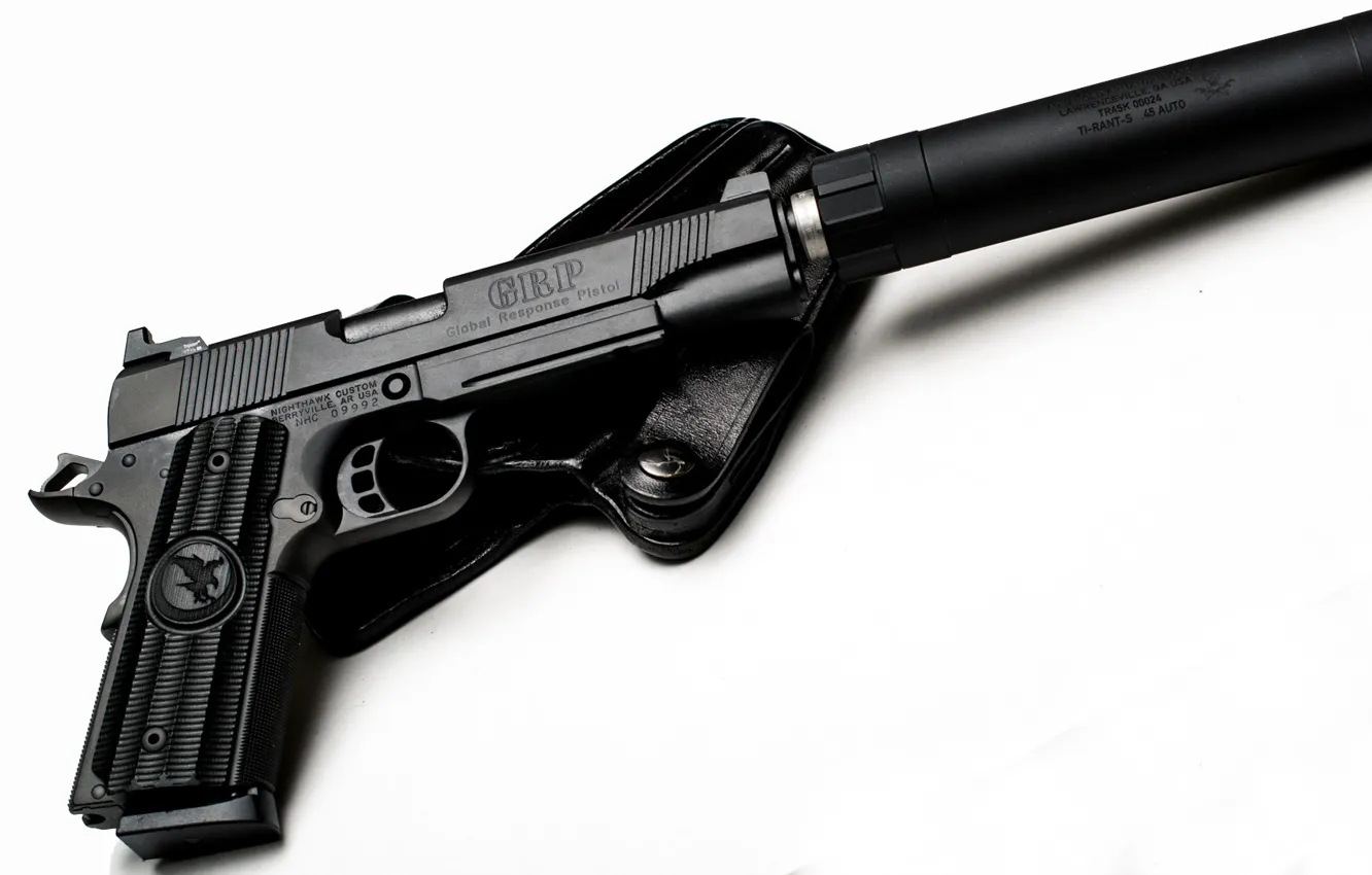 Photo wallpaper gun, white background, holster, muffler, Nighthawk Custom, Global Response Pistol, GRP