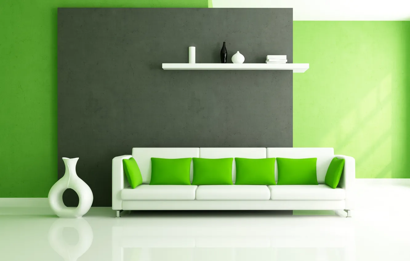 Photo wallpaper white, design, green, style, sofa, interior, pillow, shelf
