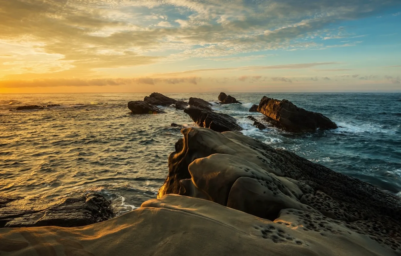 Photo wallpaper sea, wave, the sky, clouds, landscape, nature, stones, shore