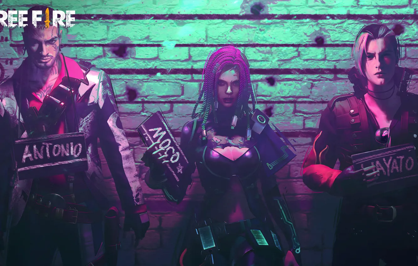 Photo wallpaper the game, game, three, characters, brick wall, Character, Battle Royale, Garena Free Fire