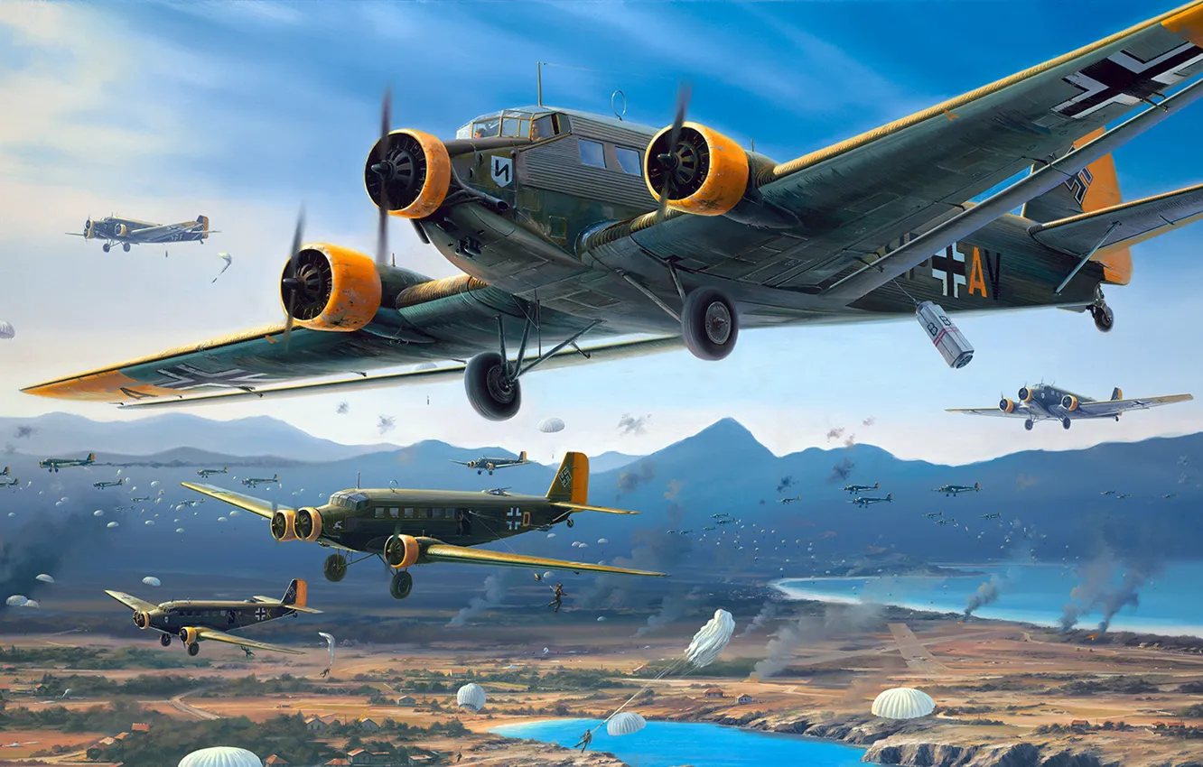 Photo wallpaper Junkers, military transport aircraft, engine, Ju 52, The Cretan operation, "operation mercury", Company Mercury, The …