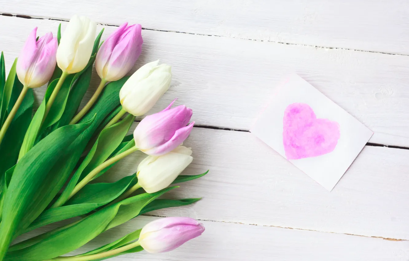 Photo wallpaper love, flowers, heart, bouquet, tulips, love, pink, heart