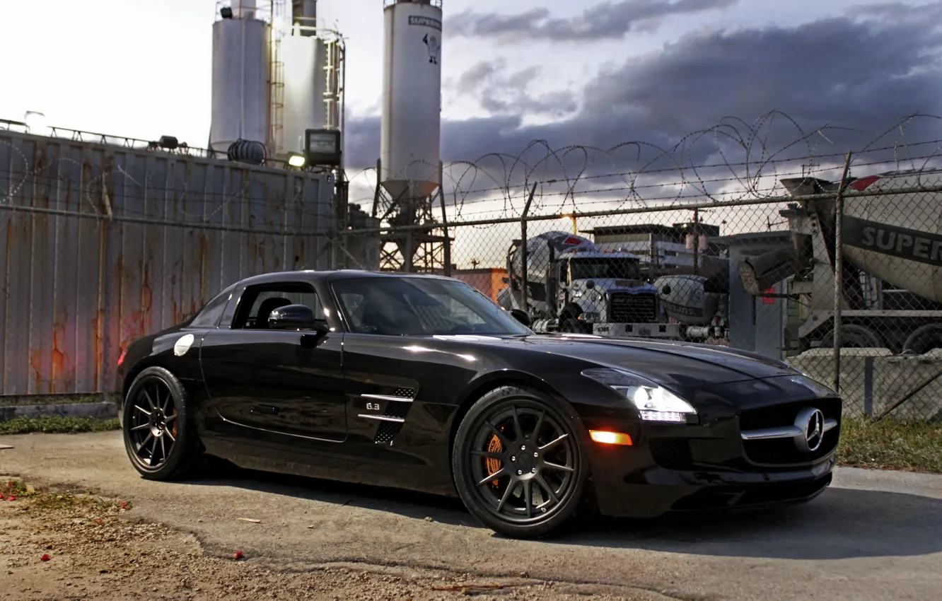Photo wallpaper black, shadow, the fence, black, front view, Mercedes benz, sls amg, headlights