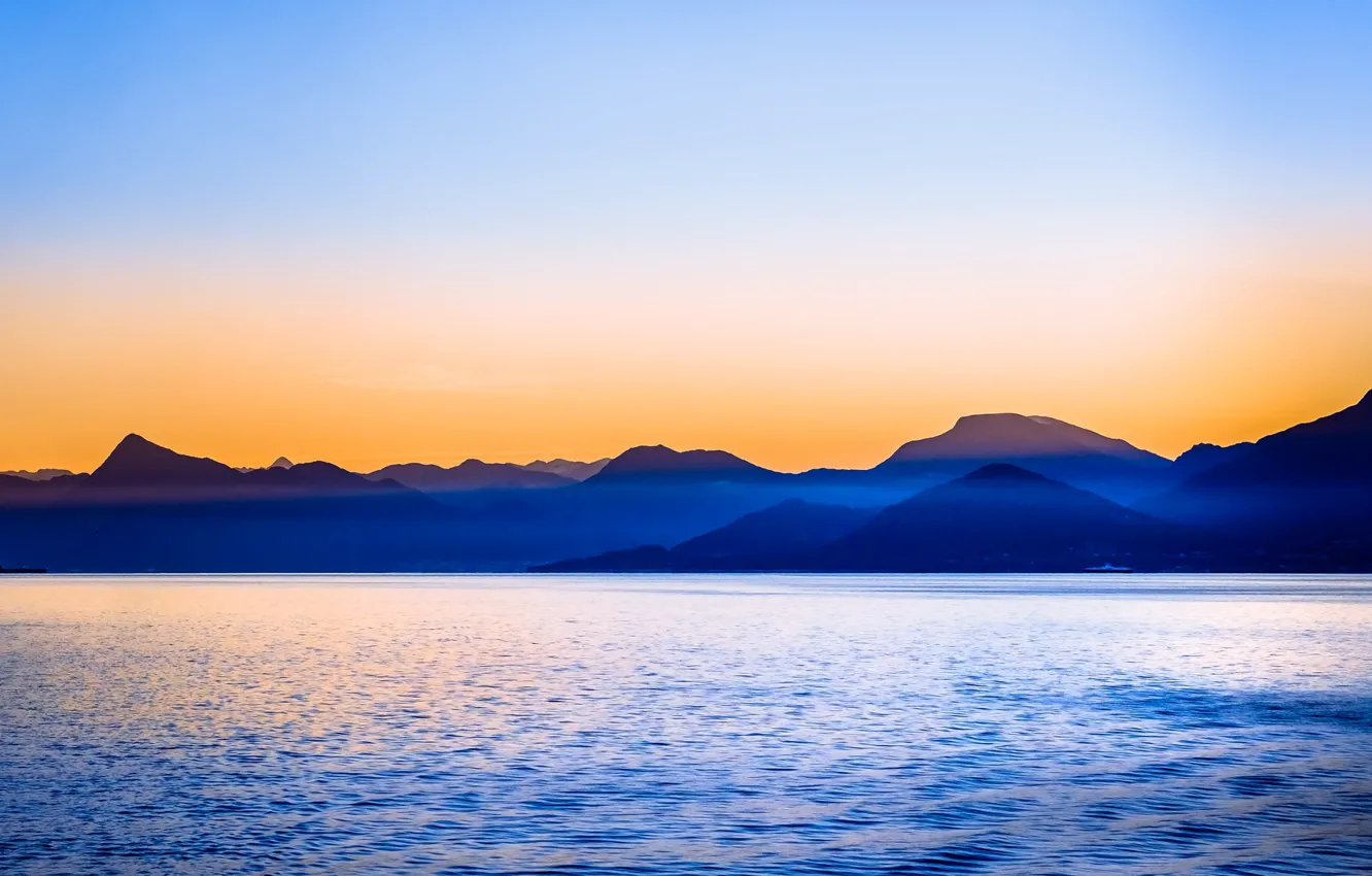 Photo wallpaper twilight, sky, sea, ocean, sunset, mountains, hills, dusk
